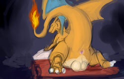 1boy anus bed charizard claws covertcanine fire looking_at_viewer male male_only nintendo pokémon_(species) pokemon pokemon_(species) presenting sketch solo testicles video_games