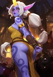 1girls ai_generated celestial_(league_of_legends) female from_behind league_of_legends pumpkinseed purple_skin skinny solo soraka white_hair yellow_eyes