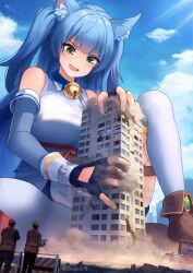 1girls blue_hair building cat_ears catgirl commission destruction giantess green_eyes open_mouth sitting smile zenougts