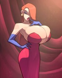 2d 2d_(artwork) 2d_artwork ass bedroom_eyes bigdad breasts breasts_bigger_than_head curvy curvy_body curvy_female curvy_figure evening_gloves female full_lips green_eyes hair hair_over_one_eye hourglass_figure huge_breasts jessica_rabbit lips long_hair long_lashes long_sleeves looking_at_viewer makeup opera_gloves orange_hair red_dress red_lips slender_waist solo tagme touching_own_face uncensored who_framed_roger_rabbit