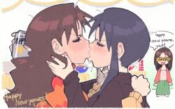 2024 2d 3girls alcohol alcoholic_drink ayumu_kasuga azumanga_daiou beer beer_can blue_hair blush blush_lines brown_hair drunk duo duo_focus english_text female female/female female_focus female_only gay holidays inkerton-kun inkuusan kissing light-skinned_female light_skin long_hair mature mature_female new_year no_sex nyamo_minamo_kurosawa osaka_ayumu_kasuga party purple_hair saliva short_hair side_view sweat symmetrical_docking teacher text trait_connection white_background yukari_tanizaki yuri