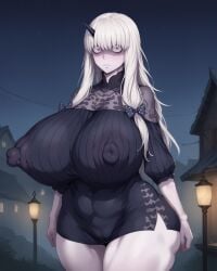 1female 1girls aged_up ai_generated albino bags_under_eyes bangs bangs_over_eyes black_dress blush bow closed_mouth constricted_pupils cowboy_shot creepy dress embarrassed enormous_breasts erect_nipples erect_nipples_under_clothes fate/grand_order fate_(series) female gigantic_breasts hair_bow hairbow horn huge_areolae huge_ass huge_nipples juliet_sleeves kunaboto_(style) lavinia_whateley_(fate/grand_order) light long_hair looking_at_viewer muscular_thighs night nipple_bulge outdoors pale_skin polka_dot polka_dot_bow purple_blush purple_eyes see-through see-through_clothing shaded_face short_dress side_slit sidelocks single_horn sky solo standing staring staring_at_viewer thick_thighs village white_hair wide_eyed wide_hips