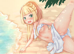 1girls arm_support beach between_labia bikini bikini_lift bikini_skirt blonde_hair blush bra braid breasts chestnut_mouth clothed drooling female female_only french_braid green_eyes human innie_pussy lillie_(pokemon) long_hair lying navel nintendo nipples on_side open_mouth outdoors panties partially_visible_vulva pokemon pokemon_sm ponytail pussy_juice saliva shiny shiny_hair shiny_skin small_breasts solo spread_legs sweat swimsuit teeth tied_hair water wet white_bikini yuno_(mioalice)