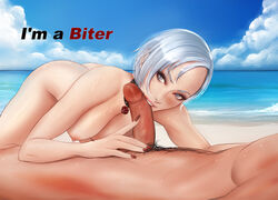 areolae beach biting breasts cherry-gig christie_(doa) dead_or_alive erection faceless_male fellatio female looking_at_viewer male nipples nude oral penis sweat tecmo text white_hair