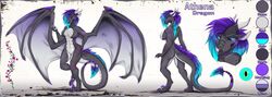 2018 anthro blue_hair breasts detailed_background digital_media_(artwork) digitigrade dragon featureless_breasts female hair horn lycangel membranous_wings model_sheet nude purple_hair pussy solo wings