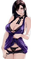 absurdres bare_shoulders black_bra black_hair black_panties bra breasts choker cleavage clothes_lift clothes_pull dress dress_lift female final_fantasy final_fantasy_vii final_fantasy_vii_remake highres large_breasts long_hair looking_at_viewer official_alternate_costume panties pulled_by_self purple_dress red_eyes ribbon_choker short_shorts shorts shorts_pull shorts_under_dress sideboob skindentation sleeveless sleeveless_dress smile solo tifa_lockhart underwear yamaishi_(mukoubuti)