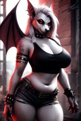 ai_generated bat bat_girl bat_wings big_breasts breasts chubby claws cleavage clothed crop_top denim_shorts female female_only impar_dolor_ai piercing punk punk_girl red_eyes sharp_teeth shorts tattoo thick_thighs white_fur white_hair wide_hips wings