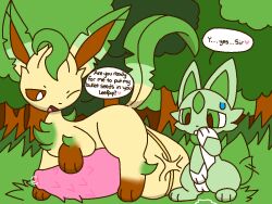 1boy 1girls 2024 big_balls big_penis bigger_male brown_fur bushy_tail daunting_dusk_encouraging_dawn eeveelution english_text fakemon female forest forest_background generation_4_pokemon grass green_fur green_hair height_difference hyper_balls hyper_genitalia hyper_penis komatosse leafeon leefpup light_green_fur looking_at_penis looking_at_pussy looking_down male penis pezi pokemon pokemon_(species) pokemon_dppt precum pussy self_upload smaller_female text text_bubble tree veiny_balls wagging_tail white_fur worried yellow_fur