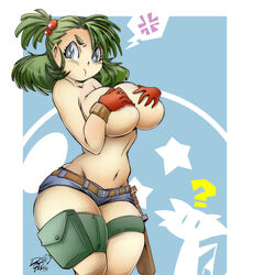 1girls breasts bulma_briefs busty cleavage dragon_ball dragoontequila female_only hand_on_breast hourglass_figure huge_breasts knife short_shorts solo teenager topless voluptuous