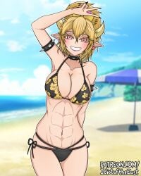 1girls beach bikini black_bikini blonde_hair bowsette crown horns idiotoftheeast mario_(series) new_super_mario_bros._u_deluxe red_eyes six_pack solo