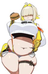 1girls bangs bangs_over_eyes baqua belly blonde_hair breasts burger cheeseburger chubby chubby_female eating eating_food elegg_(nikke) fat female female_focus female_only goddess_of_victory:_nikke grabbing_own_belly hair_covering_eyes hair_over_eyes hamburger hips large_breasts short_shorts shorts stomach thick_thighs thighs underboob