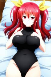 1female 1girls ai_assisted ai_generated artkoikoi bangs bed bedroom big_breasts breasts commentary_request english_commentary female female_only hands_on_breasts hi_res highres koikoi laying laying_on_bed light-skinned_female light_skin looking_at_viewer rakudai_kishi_no_cavalry solo solo_female stella_vermillion twintails very_high_resolution