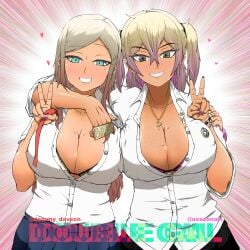 2girls axezon big_breasts blonde_hair cleavage dark-skinned_female dark_skin female_only galchan_(dommy_davson) gyaru hi_res large_breasts original pinky_(axezon) school_uniform teenager v