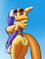 anthro ass big_breasts breasts digimon dutch_angle female female_only furry large_breasts looking_down renamon simple_background sling_bikini solo sunglasses tanline tansau tortoisesensei