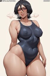 1girls ai_generated big_ass black_hair bleach bleach:_the_thousand-year_blood_war daulawkins kuchiki_rukia looking_at_viewer medium_breasts nipple_bulge nipples purple_eyes showing_off smile solo stable_diffusion swimsuit thick_thighs voluptuous