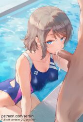1boy 1girl 2026 ai_generated blue_eyes blue_one-piece_swimsuit blush breasts brown_hair clothed_female_nude_male collarbone competition_swimsuit covered_nipples cum cum_in_mouth cum_overflow erection fellatio grey_hair hetero highleg highleg_swimsuit highres looking_at_viewer love_live! medium_breasts nsfw nude one-piece_swimsuit oral penis pool poolside serain short_hair solo_focus swimsuit testicles uncensored watanabe_you water wet wet_clothes