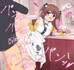 1boy apron black_shirt blue_eyes blush breasts brown_hair censored center_frills clothed_sex cross_tie cum cum_in_pussy cum_overflow feet_out_of_frame female frilled_apron frills fujigaya_arctia hair_ornament hairclip heart highres indoors long_hair looking_at_another looking_to_the_side mahjong_soul maid_headdress medium_bangs mosaic_censoring motion_lines off-shoulder_sweater off_shoulder open_mouth panties panties_around_one_leg paper_towel penis pink_panties pussy pussy_juice sex shinomiya_fuyumi shirt small_breasts smile solo_focus spatula standing standing_sex straight sweater two_side_up underwear vaginal_penetration variant_set whisk white_apron yellow_sweater