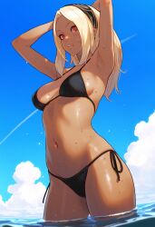 1girls ai_generated armpits arms_up biao-9527 bikini bikini_top black_bikini blonde_hair blue_sky breasts cloud dark_skin female gravity_rush hairband headband kat_(gravity_rush) navel outdoors partially_submerged red_eyes side-tie_bikini_bottom sky solo standing suggestive swimwear thighs water