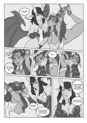 2girls arms_behind_back big_breasts blizzard_entertainment bondage comic comic_page dialogue guakyart line_art multiple_girls night_elf restrained slapping succubus succubus_(warcraft) tyrande_whisperwind warcraft world_of_warcraft