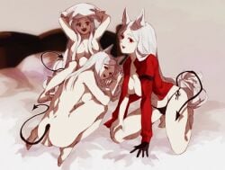 3girls cerberus_(helltaker) demon dog_ears female female_only helltaker red_eyes tagme white_hair 最中