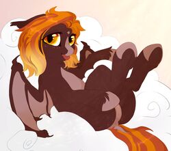 2018 anus ass bat_pony bat_wings blep cloud cute dock equine eyelashes fan_character female feral fire_glow floppy_ears freckles hair hi_res hooves legs_up looking_at_viewer lying mammal membranous_wings my_little_pony nude on_back orange_eyes orange_hair portrait pussy sebalestia slit_pupils smile solo tongue tongue_out underhoof wings