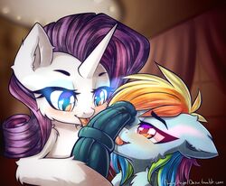 2018 animal_genitalia animal_penis blurred_background chaosangeldesu duo_focus equine equine_penis female friendship_is_magic fur group hair hi_res horn horsecock licking male mammal multicolored_hair my_little_pony oral penis rainbow_dash_(mlp) rainbow_hair rarity_(mlp) sex straight straight_hair tongue tongue_out unicorn