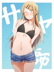 arms_behind_back bikini bikini_top_only black_bikini blonde_hair blush breasts brown_eyes character_name closed_mouth dagashi_kashi denim denim_shorts ear_piercing eitopondo endou_saya_(dagashi_kashi) female flying_sweatdrops hair_ornament hairclip long_hair piercing short_shorts shorts simple_background small_breasts solo sweat swimsuit