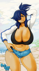 1futa blue_hair bulge bursting_breasts cameltail cleavage curvy dark_blue_hair denim_shorts erection erection_under_clothes fat_mons female full_cleavage futa_only futanari hair_over_one_eye hand_behind_head hand_on_hip hoodie hourglass_figure huge_breasts impossible_clothing intersex jean_shorts jumper long_breasts modeseven navel shorts slightly_chubby stacey_(modeseven) tank_top thick_thighs thigh_gap wide_hips