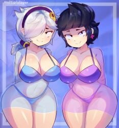 1girls bibi_(brawl_stars) bikini black_hair brawl_stars breasts colette_(brawl_stars) crazy_girl multiplylayer smile smiling_at_viewer solo solo_female white_hair