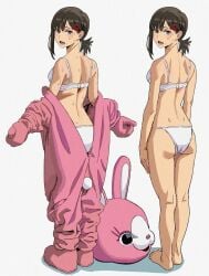 1girls animal_costume barefoot black_hair blush bra bunny_costume bunny_ears bunny_girl bunny_tail chainsaw_man costume feet female higashiyama_kobeni human job looking_at_viewer mascot mascot_costume ponytail seductive solo standing sweat toes underwear undressing undressing_self