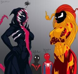 2boys 2girls abs angry athletic belly_button big_breasts dialogue female female_focus fit fit_female gwen_stacy gwen_stacy_(spider-verse) gwenom jacket living_clothes looking_at_another male marvel mary_jane_watson mask masked masked_female masked_male medium_breasts middle_finger miles_morales multiple_boys multiple_girls muscular_arms muscular_female muscular_legs muscular_thighs navel peter_parker scream_(spider-man) six_pack spider-gwen spider-man:_across_the_spider-verse spider-man:_into_the_spider-verse spider-man_(series) superhero superhero_costume superheroine symbiote tacticoolmofo tentacle_hair text tongue_out venom venom_(marvel)