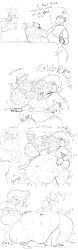 2girls ass_cleavage belly big_belly big_breasts breasts butt_crack cinnamon_roll comic dialogue female furry huge_belly hyper_belly onomatopoeia sentient_food stitched stuffed_belly stuffing sweat sweaty_belly sweaty_body tank_top text yobaba