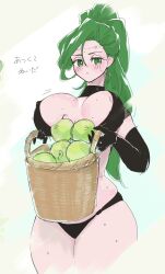 1girls alternate_hairstyle annand_(fire_emblem) areola_slip areolae bare_midriff bare_thighs basket black_panties breast_press breasts covered_nipples elbow_gloves female female_only fire_emblem fire_emblem:_genealogy_of_the_holy_war food fruit gloves green_eyes green_hair japanese_text large_breasts long_hair looking_at_viewer midriff nintendo panties ponytail revealing_clothes sweat ta_dasu_(tadasu_hayashi) text thick_thighs thighs translation_request underwear very_long_hair