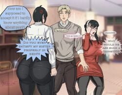 angry ass balls big_ass big_balls big_breasts big_penis black_hair black_hair_bottom blonde_hair blonde_hair_on_black_hair blonde_hair_top blush bulge bulge_through_clothing cock cock_bulge comedy dialogue domination fat_ass gay huge_ass huge_cock light_hair_on_dark_hair loid_forger male male/male male_focus massive_breasts nipple_bulge penis spy_x_family tagme text text_bubble thick_ass thick_thighs yor_briar yoruunsfw yuri_briar