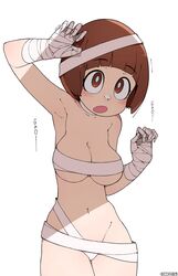 1girls arm_up armpit bandage barely_clothed blush bob_cut breasts brown_eyes brown_hair eyebrows_visible_through_hair female female_only kill_la_kill large_breasts mankanshoku_mako navel no_bra no_panties once11h open_mouth simple_background solo text white_background