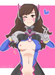 1girls areola bodysuit breasts breasts_apart breasts_exposed breasts_out brown_eyes brown_hair clothing d.va eyelashes facepaint female female_only flashing hair heart legs lips logo long_hair makeup outfit overwatch peace_sign sarukaiwolf small_areola small_breasts smile solo suit unzipped v w