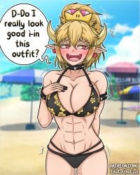 1girls abs big_breasts bikini blonde_hair bowsette crown embarrassed embarrassed_female horns idiotoftheeast mario_(series) muscular muscular_female new_super_mario_bros._u_deluxe red_eyes six_pack