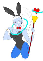 angel_(dragon_ball) blue_eyes blue_skin bowtie breasts bunny_ears bunnysuit clothed clothing dragon_ball dragon_ball_super drawn female funsexydragonball lipstick long_hair smile solo staff tied_hair vados white_hair