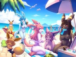 2023 9girls anthro beach bikini breasts edit edited eevee eeveelution espeon female female_only flareon fur furry furry_female furry_tail glaceon group happy jolteon leafeon medium_breasts naked nude_female pokemon pokemon_(species) pussy sylveon umbreon vaporeon water