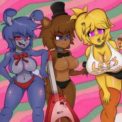 3girls big_breasts black_panties bonnie_(fnaf) breasts chica_(fnaf) eating female_only five_nights_at_freddy's five_nights_in_anime freddy_(fnaf) fredina's_nightclub genderswap_(mtf) guitar mircophone multiple_girls pizza red_panties rule_63