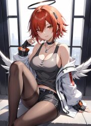 ai_generated arknights black_pantyhose exusiai_(arknights) halo high_resolution highres medium_breasts nej orange_eyes pantyhose red_hair shorts