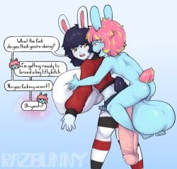 absurd_res anthro big_breasts blush breasts carrying_another claire_(razbunny) dialogue duo female genitals hair hi_res huge_breasts hyper hyper_breasts hyper_genitalia imminent_sex lagomorph leporid male male/female mammal mind_control piggyback pink_eyes pink_hair rabbit razbunny razz_(razbunny) small_but_hung