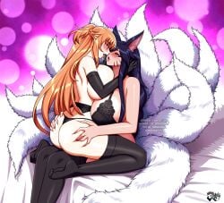 2girls ahri amber_eyes ass auburn_hair blush bra breasts bubble_butt crossover default_ahri fox_ears fox_girl fox_tail jadenkaiba large_breasts league_of_legends lingerie long_hair saliva_trail sword_art_online yuri yuuki_asuna