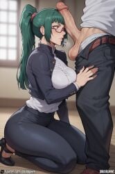 1boy 1girls ai_generated big_balls big_breasts big_penis canon_couple daulawkins eyewear female glasses jujutsu_kaisen large_breasts pants_down penis penis_awe penis_on_face school_uniform shocked stable_diffusion surprised yuta_okkotsu zenin_maki