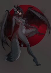 anthro areola black_body black_fur black_hair blue_eyes bone breasts canid canine collarbone eyelashes feet female fur genitals grey_body grey_fur hair hand_on_knee hand_on_leg hi_res horn inner_ear_fluff innie_pussy mammal markings medium_breasts membrane_(anatomy) membranous_wings navel nipples nude pussy red_markings red_sclera skull skull_head solo tuft wings yasmil