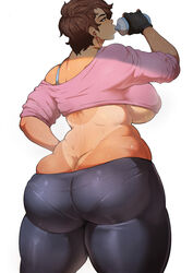 ass ass_cleavage borrowed_character breasts brown_hair butt_crack chubby cleavage crop_top deep_skin donaught earphones female female_only fingerless_gloves huge_ass huge_breasts lowleg lowleg_pants milf off_shoulder original original_character pantylines red_eyes short_hair skindentation solo sweat sweating tanline tight_clothing tight_pants underboob yoga_pants