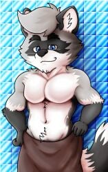 bara bathroom bathroom_tiles bathroom_wall big_breasts blue_eyes grey_body grey_fur hair_tuft looking_at_viewer male_focus male_only mammal muscles muscular muscular_male pache_riggs_(character) procyonid raccoon riggs_(pache_riggs) rjquaty towel