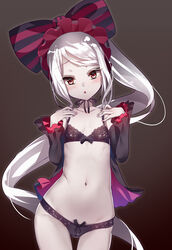 1girls :o absurdres black_background black_bra black_lingerie black_panties blush bonnet bow bow_bra bow_panties bowtie bra breasts cameltoe chin_strap collarbone detached_sleeves female frills gluteal_fold gothic_lolita hair_bow headgear highres large_bow lavender_hair long_hair long_sleeves looking_at_viewer navel open_mouth overlord_(maruyama) pale_skin panties petite petite_body petite_breasts petite_female ponytail red_eyes shalltear_bloodfallen side_ponytail simple_background skindentation small_breasts solo standing stomach thigh_gap underwear underwear_only vampire very_long_hair white_hair yamacchi young_looking_female