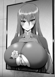 akiyama_rinko anal_insertion anal_object_insertion anus ass back_boob bangs bar_censor blush bodysuit censored female flower_in_ass glory_wall greyscale hair_between_eyes highres long_hair lovelovemaid monochrome portrait_(object) pussy smile solo stuck_in_wall taimanin_(series) taimanin_yukikaze through_wall vagina