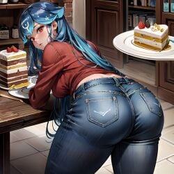 1girls ai_generated arbitrary bao_(vtuber) blue_hair cake clothed_female dat_ass fat_ass from_behind hi_res jeans large_ass large_breasts presenting_ass rear_view red_eyes stable_diffusion sweater virtual_youtuber